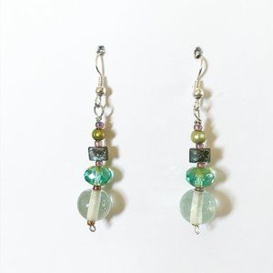 Recycled & Czech Faceted Glass Abalone Shell Green Pearl Drop Earrings Ocean